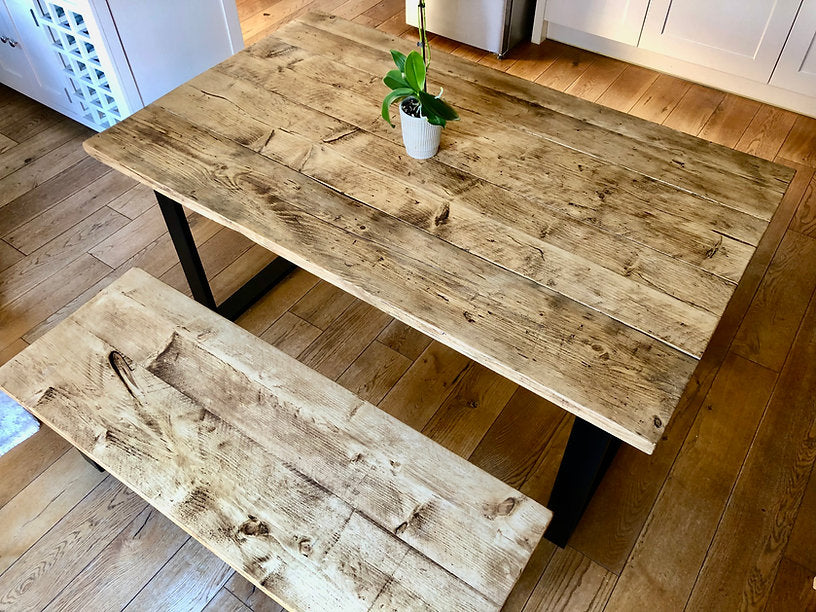 PINGO - Rustic Dining Table & Bench with Metal Square Legs