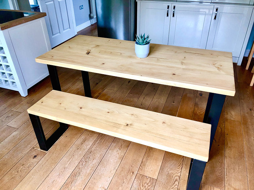 PINGO - Rustic Dining Table & Bench with Metal Square Legs