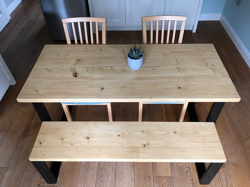 PINGO - Rustic Dining Table & Bench with Metal Square Legs