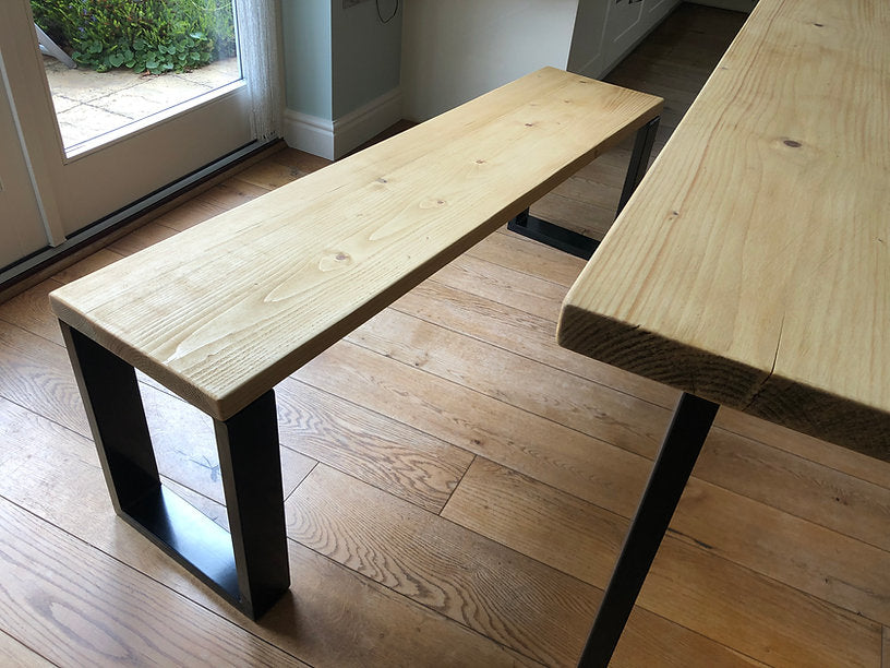 PINGO - Rustic Dining Table & Bench with Metal Square Legs